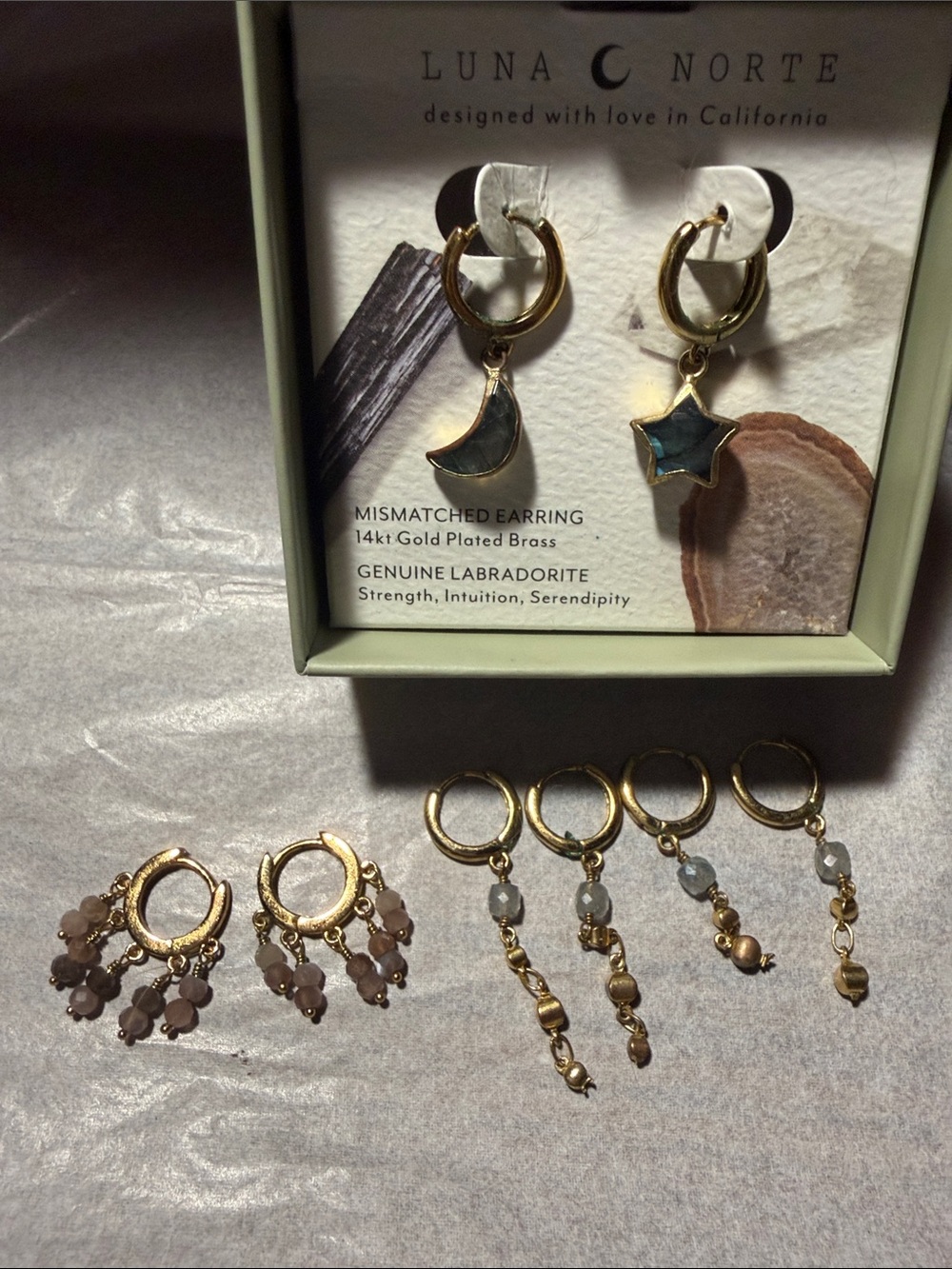 Luna Norte Gold-Plated Labradorite Mismatched Moon & Star Hoop Earrings